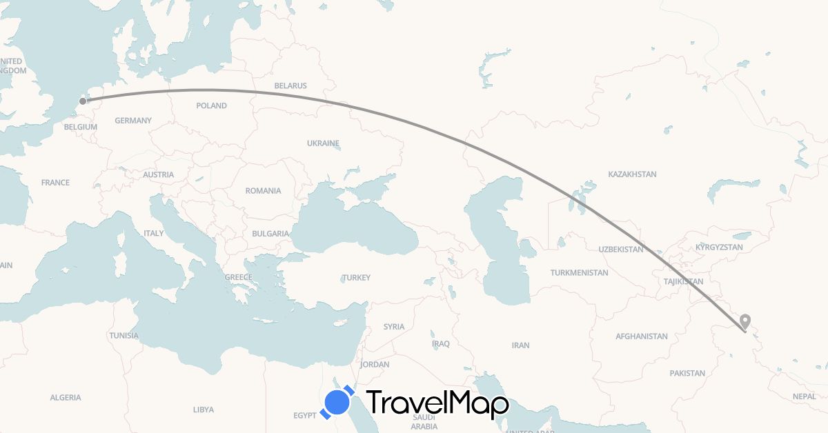 TravelMap itinerary: driving, plane in India, Netherlands (Asia, Europe)