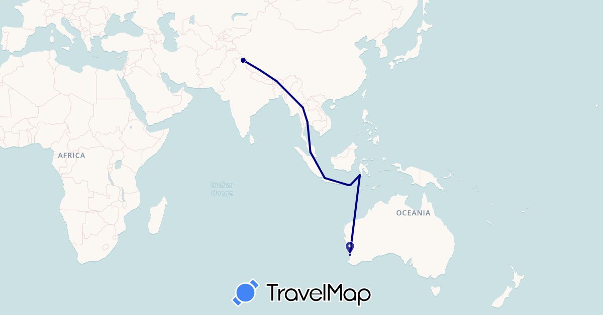 TravelMap itinerary: driving in Australia, Bhutan, Indonesia, India, Malaysia, Thailand (Asia, Oceania)